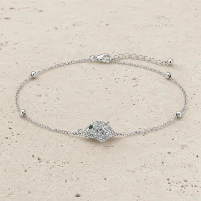 pulseira com cabeça de pantera prateado em pedra clara de tom quente, referência 85204-14