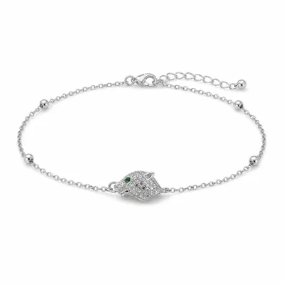 pulseira com cabeça de pantera prateado em fundo branco, referência 85204-14