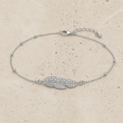 pulseira com duas penas de cristais prateado em pedra clara de tom quente, referência 85204-15