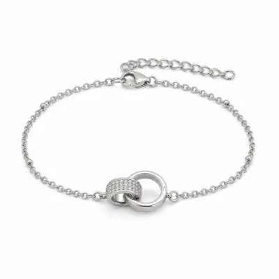 pulseira com dois círculos entrelaçados prateado em fundo branco, referência 85204-17