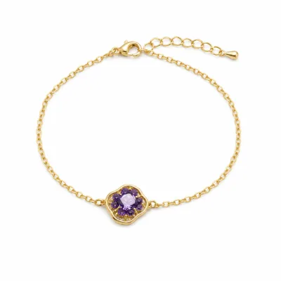 pulseira com flor violeta de cristais dourado em fundo branco, referência 85204-22