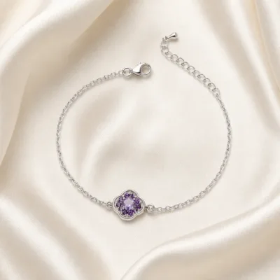 pulseira com flor violeta de cristais prateado em cetim marfim, referência 85204-22