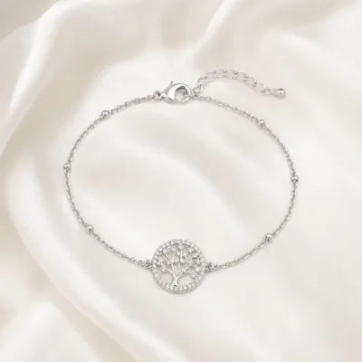 pulseira árvore da vida com cristais prateado em cetim marfim, referência 85204-24