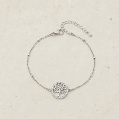 pulseira árvore da vida com cristais prateado em pedra clara de tom quente, referência 85204-24