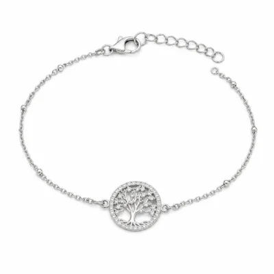 pulseira árvore da vida com cristais prateado em fundo branco, referência 85204-24