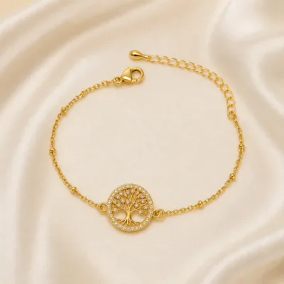 pulseira árvore da vida com cristais dourado em cetim marfim, referência 85204-24