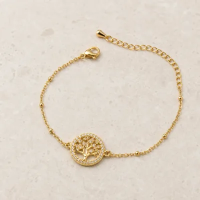 pulseira árvore da vida com cristais dourado em pedra clara de tom quente, referência 85204-24