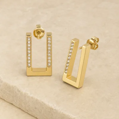Brincos Retangulares Dourados com Cristais dourado, referência 85205-04