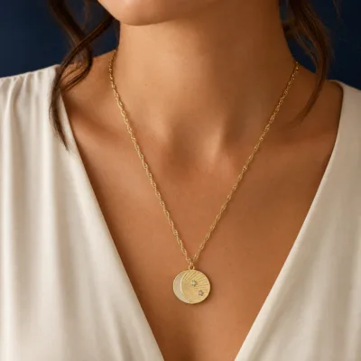 colar com medalha dupla, variante dourada, pedra clara, referência 85212-03