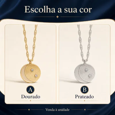 colar com medalha dupla, variante dourada, pedra clara, referência 85212-03