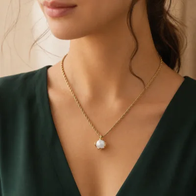 colar com esfera branca, variante dourada, pedra clara, referência 85216-02