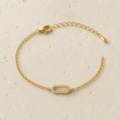 pulseira dourada com elo de cristais em pedra clara de tom quente, referencia 85245-01