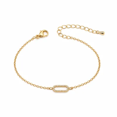 pulseira dourada com elo de cristais em fundo branco, referencia 85245-01