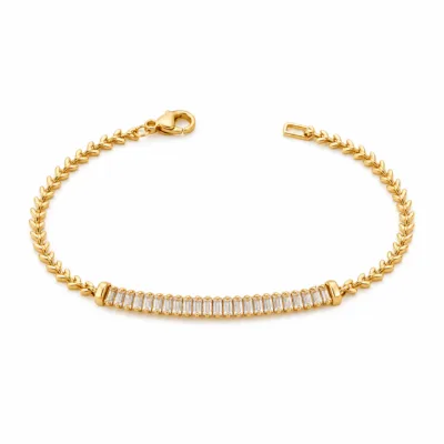 pulseira dourada com cristais baguete em fundo branco, referencia 85246-01