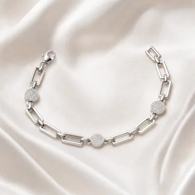 pulseira prateada com elos retangulares em cetim marfim, referencia 85246-01