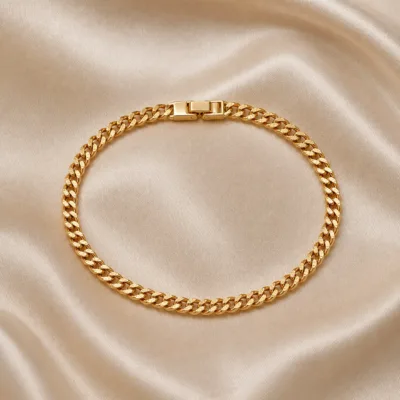 Pulseira dourada estreita de elos cubanos texturizados, uma unidade