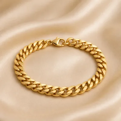 Pulseira dourada larga de elos cubanos, uma unidade