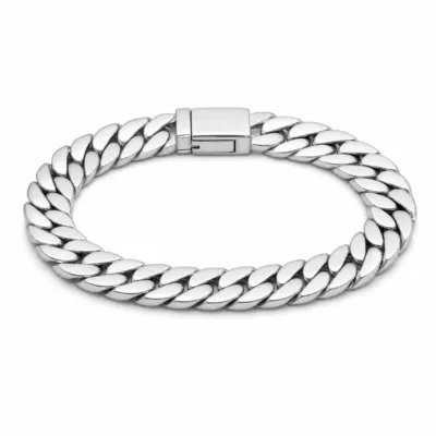 Pulseira prateada larga de elos cubanos 85246-04-A em fundo branco
