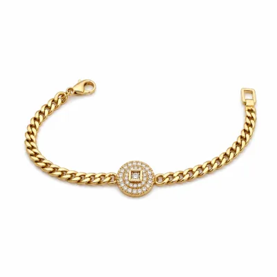pulseira dourada com medalhão de cristais em fundo branco, referencia 85247-02