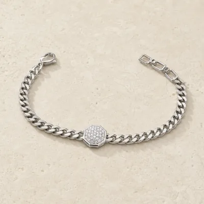 pulseira prateada com medalhão de cristais em pedra clara de tom quente, referencia 85248-03