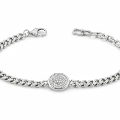 pulseira prateada com medalhão de cristais em fundo branco, referencia 85248-03