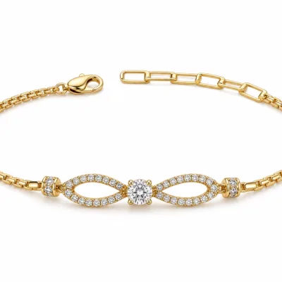 pulseira dourada laço infinito com cristal em fundo branco, referencia 85250-01