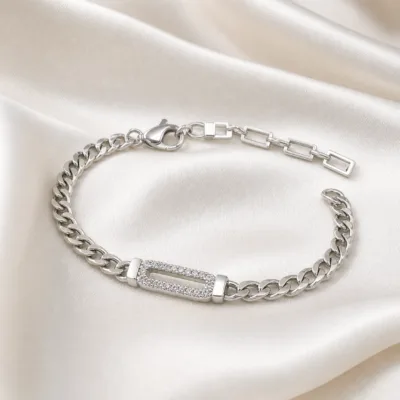 pulseira prateada com elo pavé em cetim marfim, referencia 85250-02