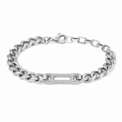 pulseira prateada com elo pavé em fundo branco, referencia 85250-02