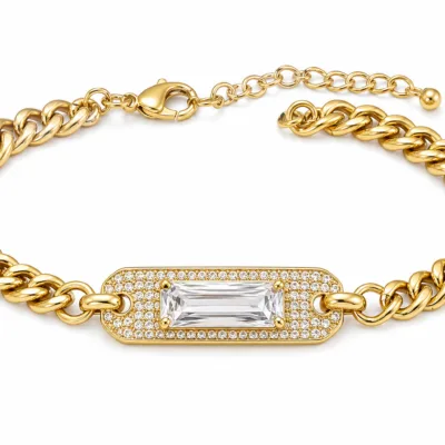 pulseira dourada de corrente grossa com cristal em fundo branco, referencia 85251-01