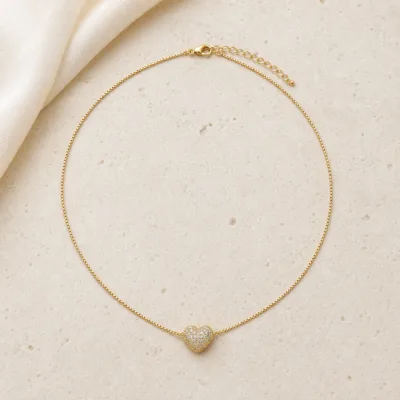 Colar Coração com Pedras — Dourado ou Prateado — A — Dourado