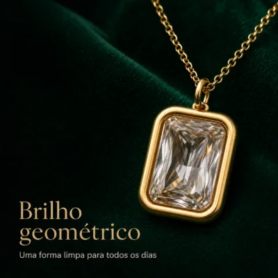 colar dourado com cristal retangular, pedra clara de tom quente, referência 85280-1
