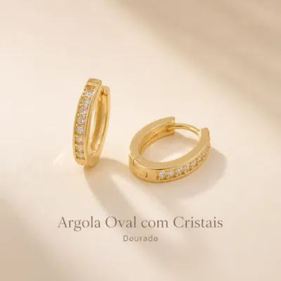 Argola oval dourada com cristais