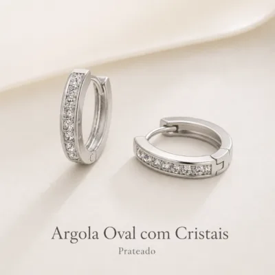 Argola oval prateada com cristais