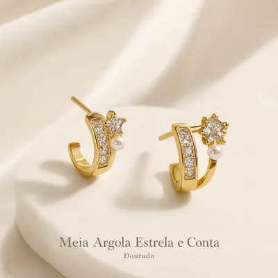 Meia argola dourada com estrela e conta branca