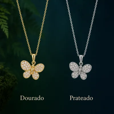 colar com pendente borboleta, variante dourada, pedra clara, referência 85290-10