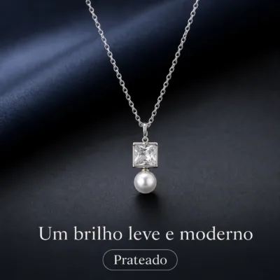 colar com pendente quadrado, variante prateada, fundo de estúdio, referência 85290-14