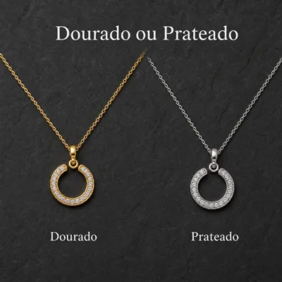 colar com pendente círculo aberto, variante dourada, fundo de estúdio, referência 85290-15