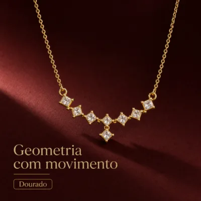 colar geométrico com quadrados, variante dourada, pedra clara, referência 85290-17