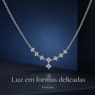 colar geométrico com quadrados, variante dourada, pedra clara, referência 85290-17