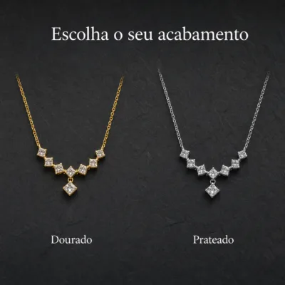 colar geométrico com quadrados, variante dourada, pedra clara, referência 85290-17