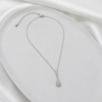 Colar com Pendente Gota e Cristais — 2 Cores — B — Prateado