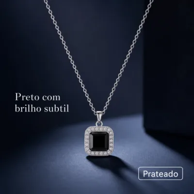 colar com pendente quadrado preto, variante dourada, pedra clara, referência 85290-19