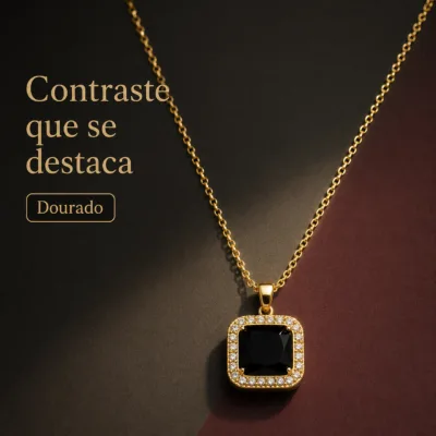 colar com pendente quadrado preto, variante dourada, pedra clara, referência 85290-19