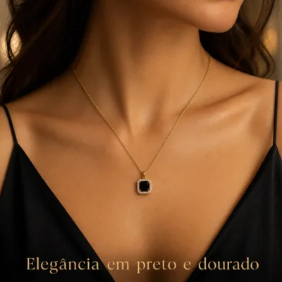 colar com pendente quadrado preto, variante dourada, pedra clara, referência 85290-19