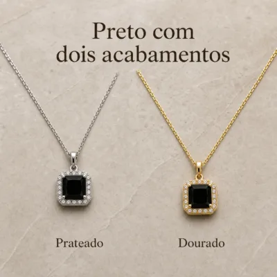 colar com pendente quadrado preto, variante dourada, pedra clara, referência 85290-19