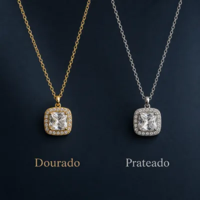 colar com pendente quadrado luminoso, variante dourada, pedra clara, referência 85290-20