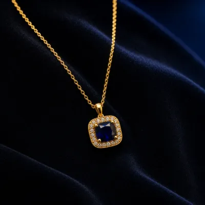 colar com pendente quadrado azul, variante dourada, pedra clara, referência 85290-21