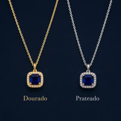 colar com pendente quadrado azul, variante dourada, pedra clara, referência 85290-21