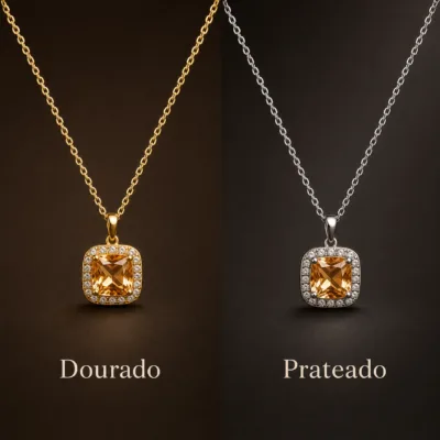 colar com pendente quadrado champanhe, variante dourada, pedra clara, referência 85290-23