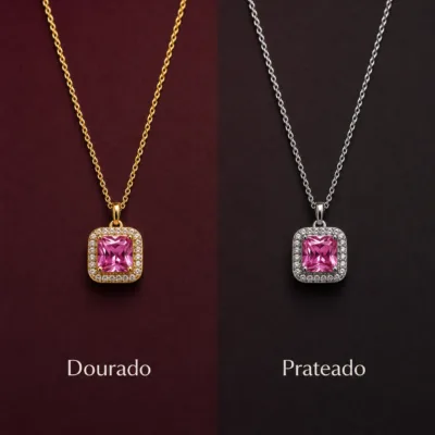 colar com pendente quadrado rosa, variante dourada, pedra clara, referência 85290-24